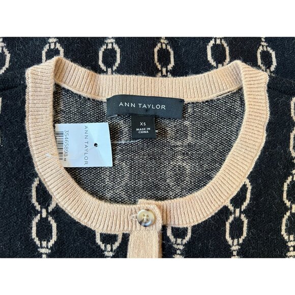Ann Taylor XS Cardigan Sweater Black Chain Pattern Button-Up, Black Label,  New - Picture 2 of 8